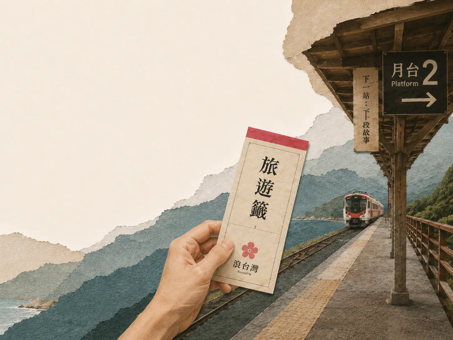 手拿一張浪台灣旅遊籤，背景是火車月台與進站的區間車