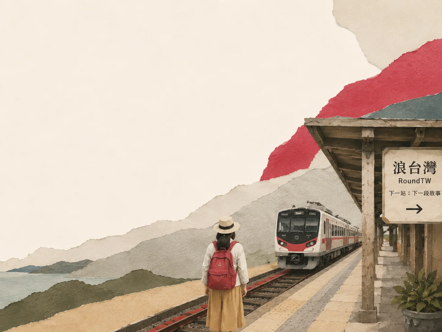 旅人背著背包在台灣東部海岸小站等火車，月台站牌寫著浪台灣 RoundTW