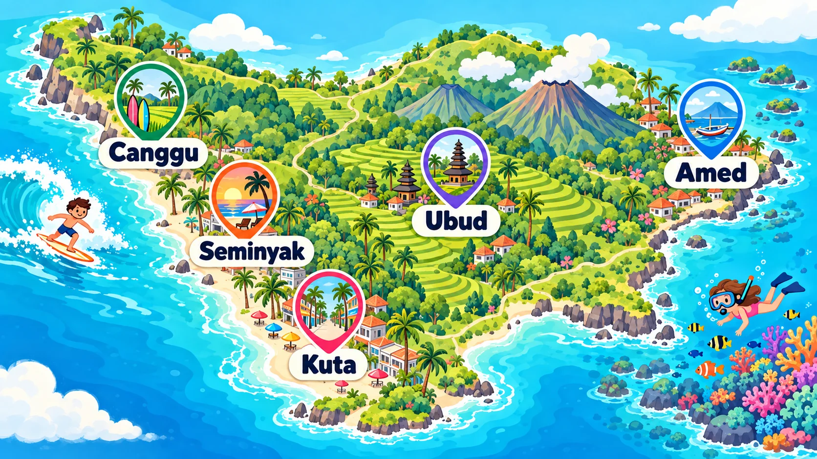 峇里島區域位置地圖：蒼古 Canggu、水明漾 Seminyak、庫塔 Kuta 在西南海岸，烏布 Ubud 在中部山區