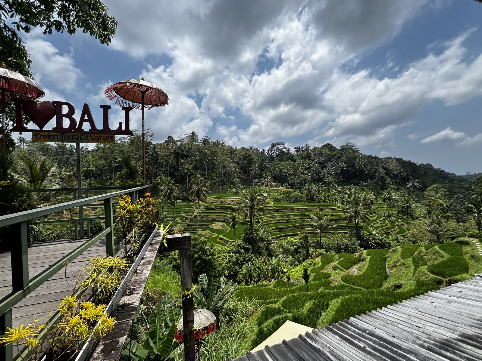 峇里島烏布 Ubud 近郊的綠色梯田，前景有傳統陽傘與觀景平台