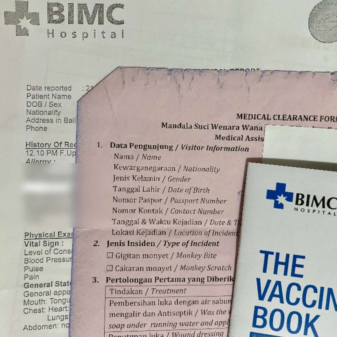 峇里島 BIMC Hospital 的醫療報告、聖猴森林猴子咬傷處理單與疫苗接種本