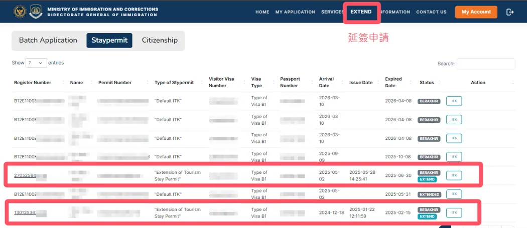 印尼移民署官網 EXTEND 延簽後台，Extension of Tourism Stay Permit 紀錄