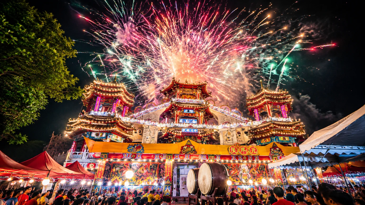 雞籠中元祭主普壇夜間點燈，煙火在牌樓上方綻放，攤販與人潮聚集在廟埕前