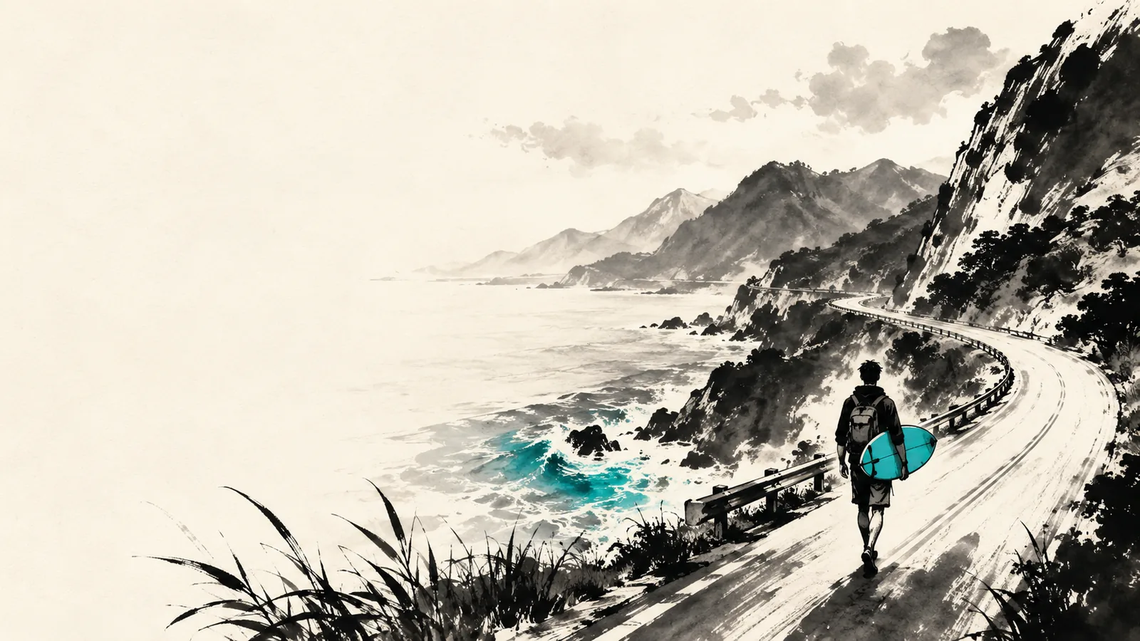 海邊放空型浪人結果卡：面海發呆插畫