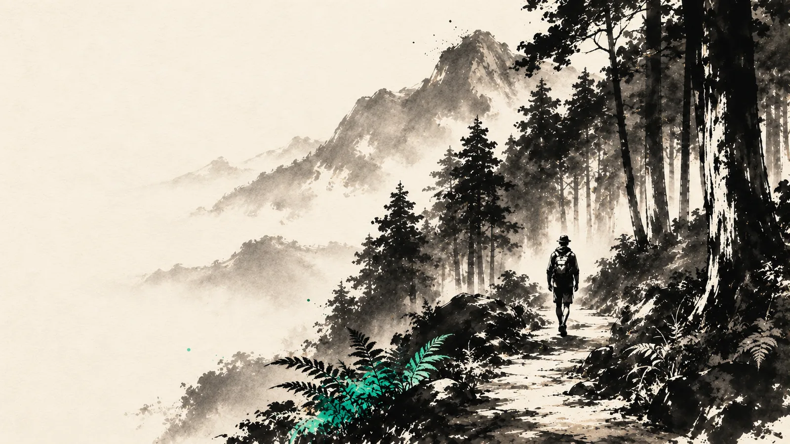 森林充電型精靈結果卡：山林步道深呼吸插畫