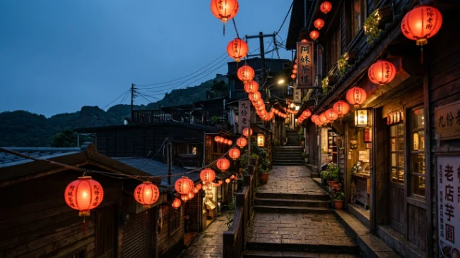 九份老街紅燈籠與石階夜景