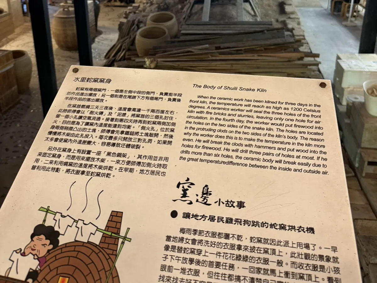 水里蛇窯窯身的解說牌，寫著燒窯三天三夜 1200 度與窯邊小故事