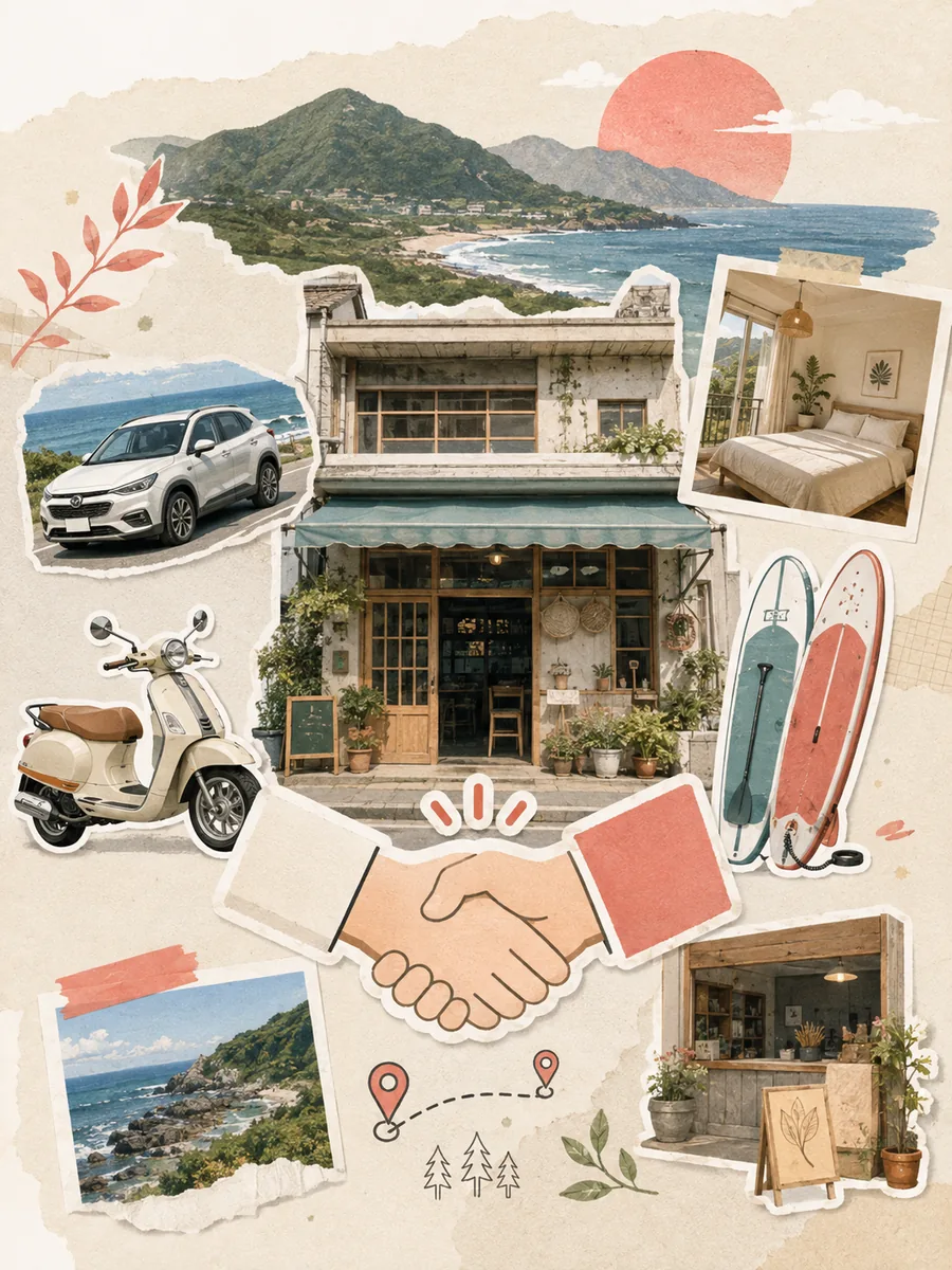 拼貼插畫：海岸山景、老屋店面、機車、租車、民宿房間、SUP 立槳與握手圖示，代表浪台灣與在地業者的合作