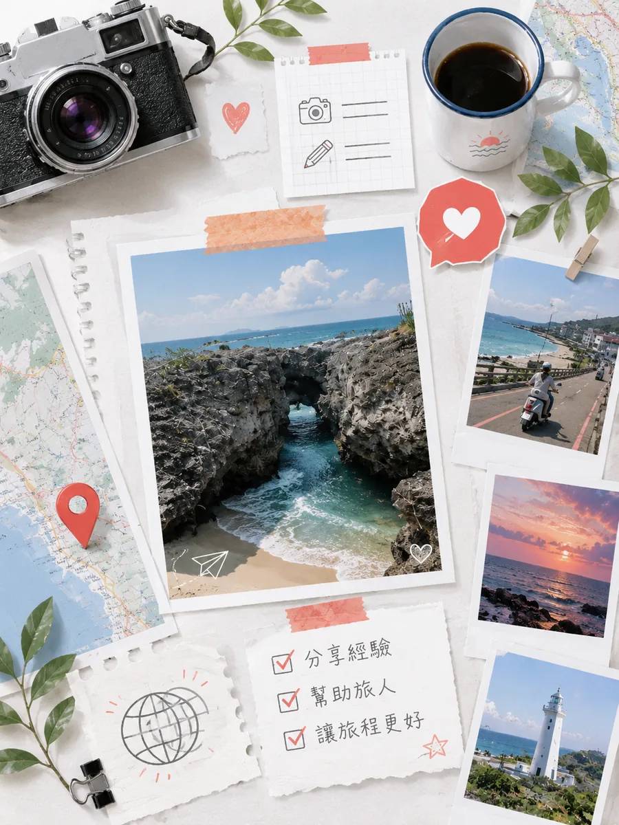 拼貼插畫：底片相機、手繪筆記、地圖與咖啡，攤開一疊旅行拍立得，紙條上寫著分享經驗、幫助旅人、讓旅程更好