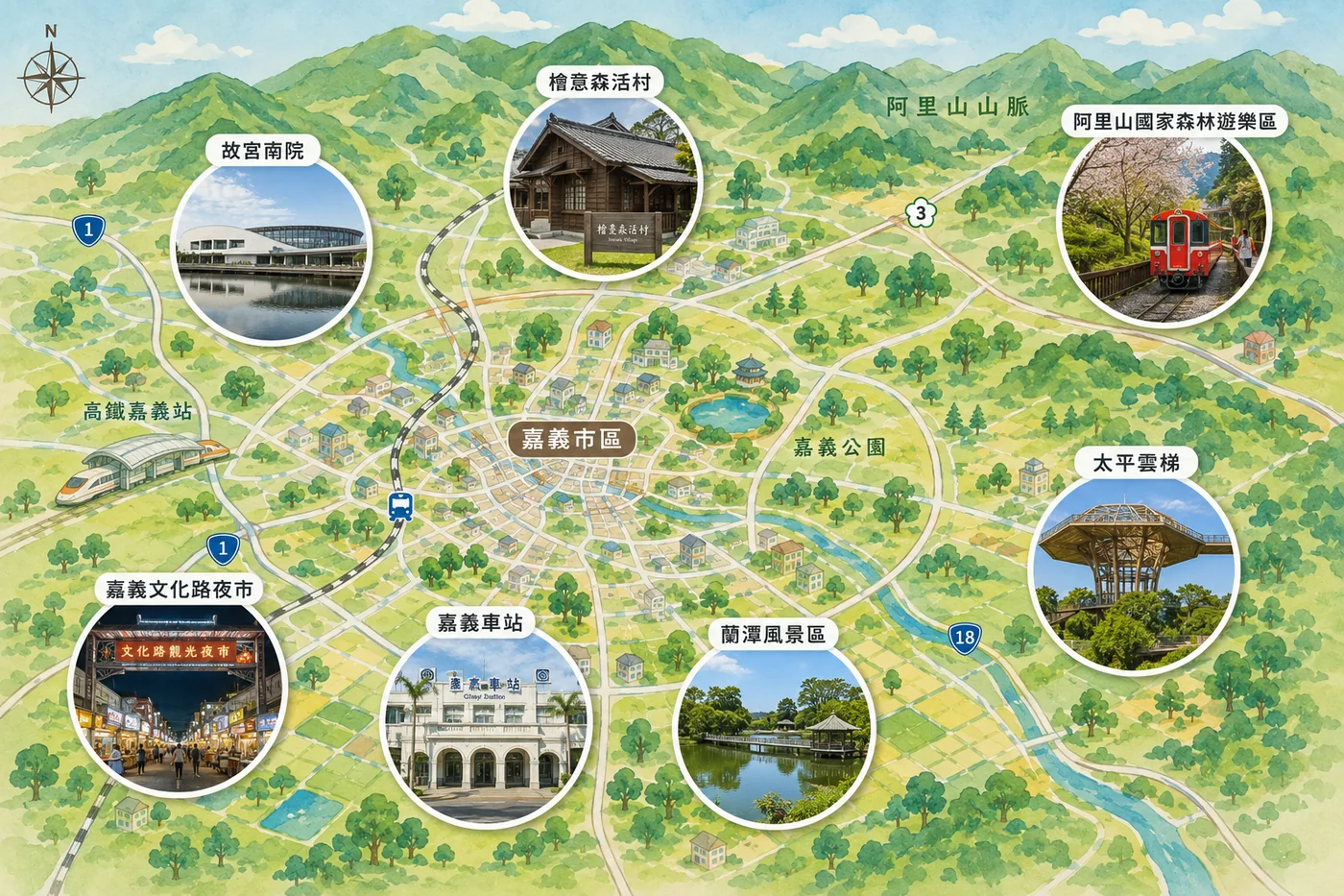 嘉義一日遊路線圖，標示高鐵嘉義站、故宮南院、檜意森活村、嘉義車站、文化路夜市、嘉義公園、蘭潭風景區與阿里山方向