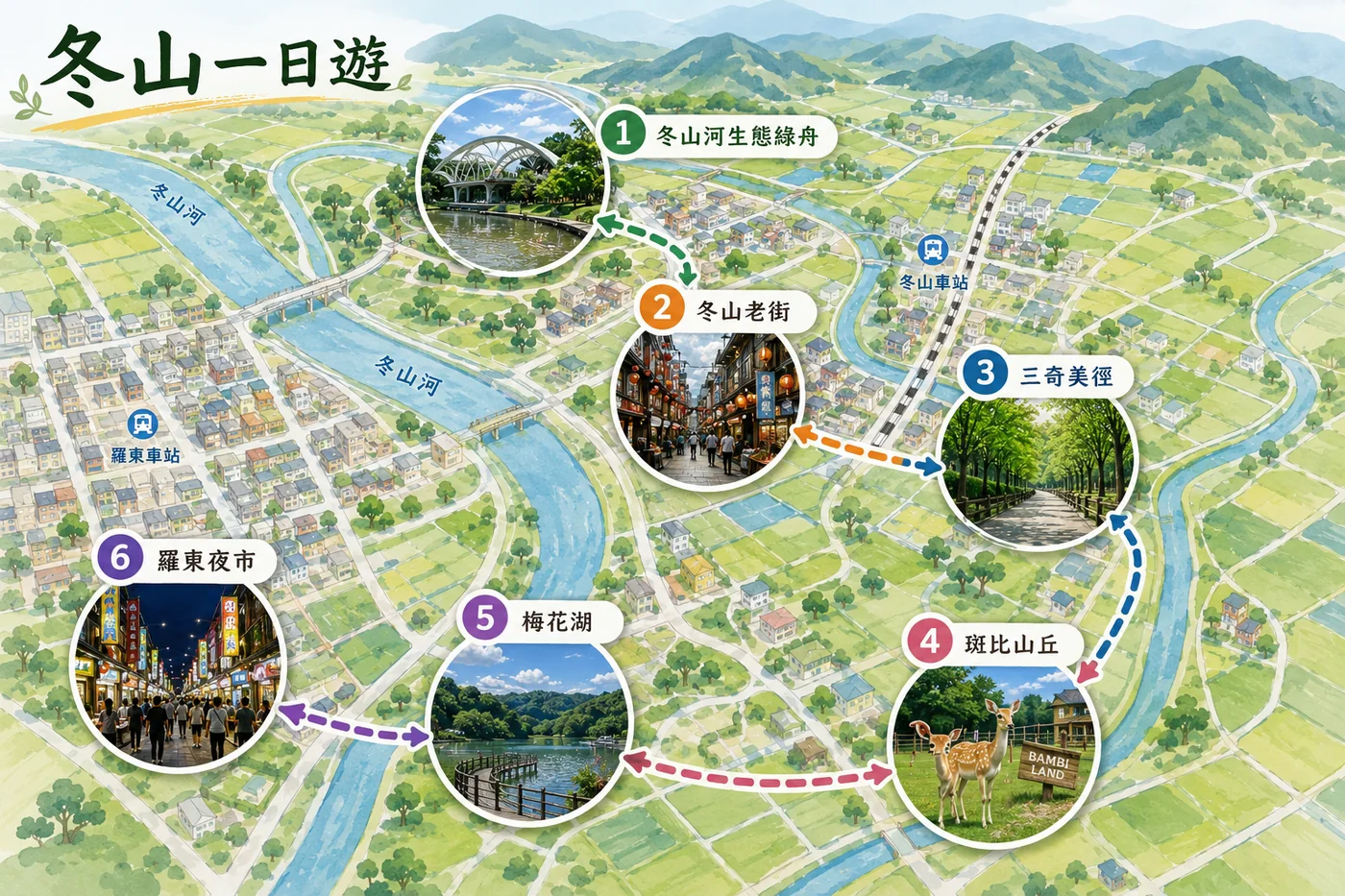 宜蘭冬山一日遊路線圖，依序標示冬山河生態綠舟、冬山老街、三奇美徑、斑比山丘、梅花湖與羅東夜市，並以箭頭標出動線