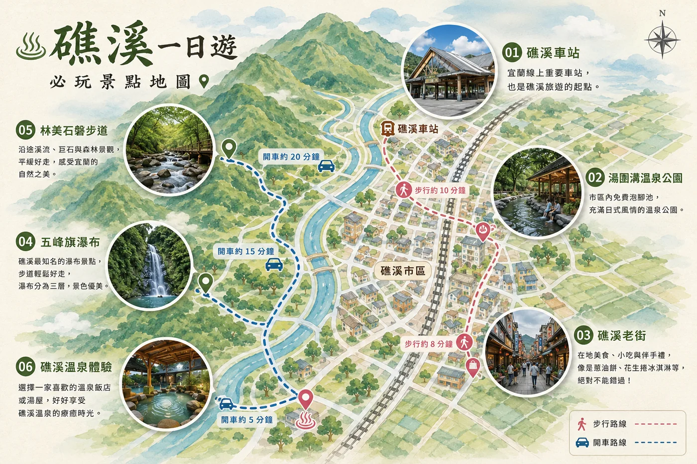 宜蘭礁溪一日遊路線圖，標示礁溪車站、湯圍溝溫泉公園、礁溪老街、溫泉體驗、五峰旗瀑布與林美石磐步道，並標出步行與開車路線
