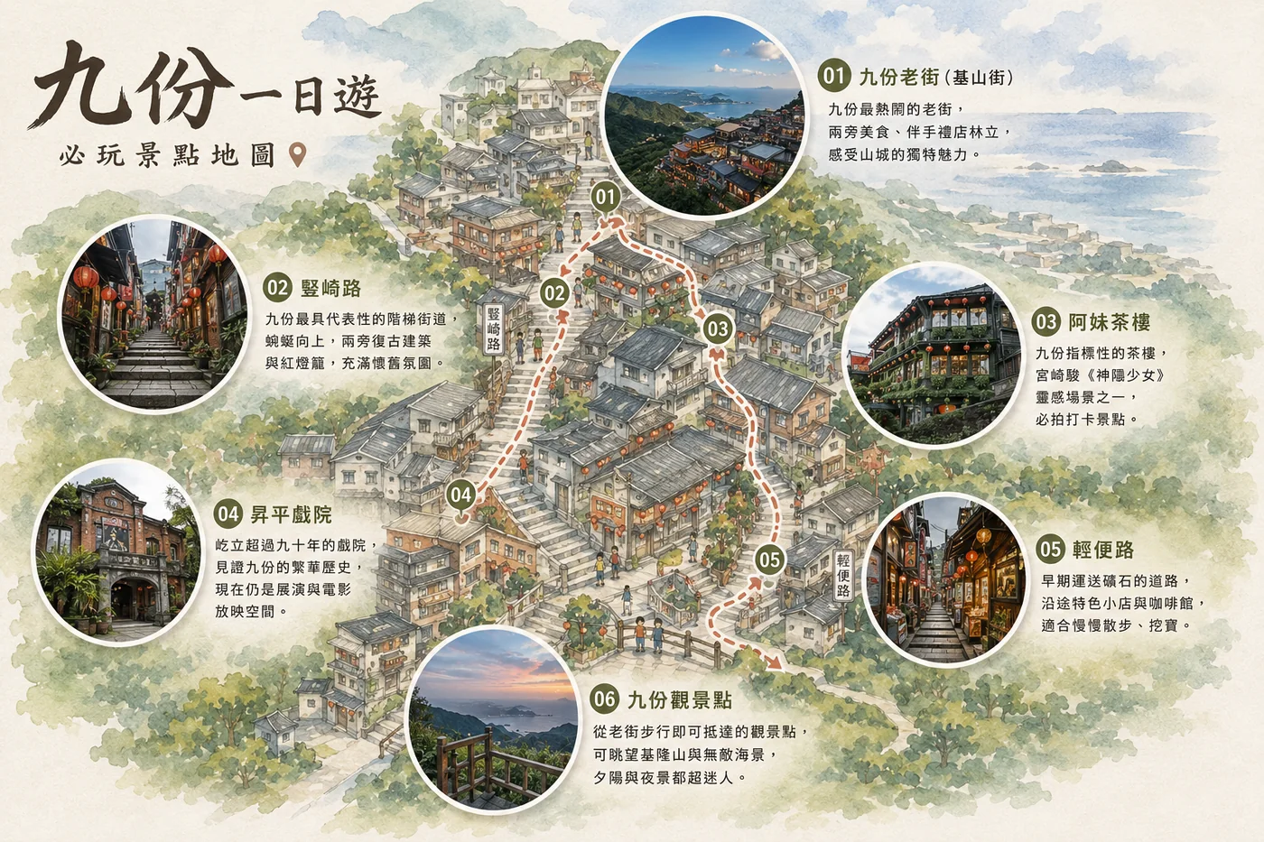 新北九份一日遊路線圖，標示基山街、豎崎路、阿妹茶樓、昇平戲院、輕便路與觀景點