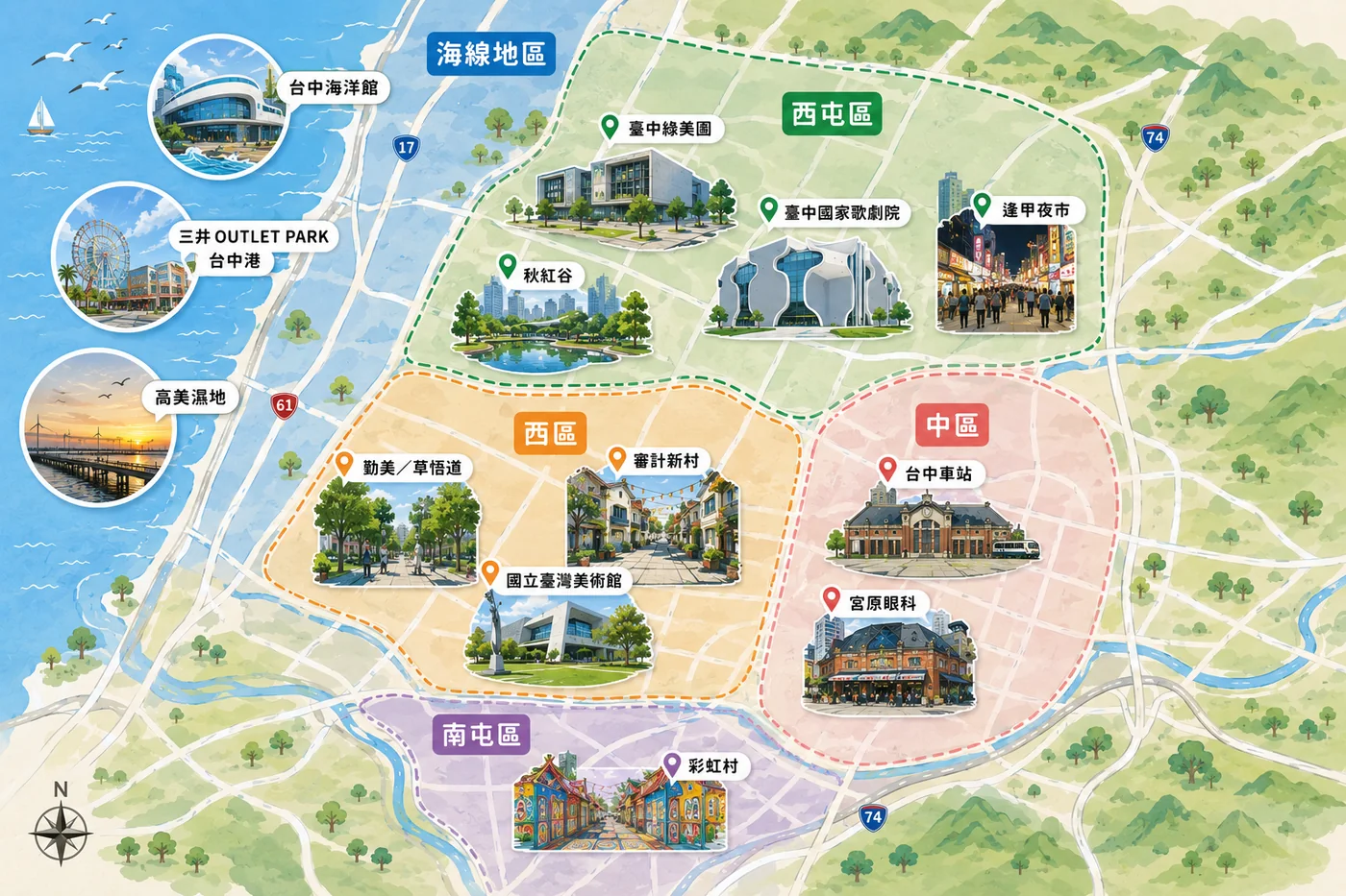 台中一日遊分區圖，海線標示高美濕地、三井 OUTLET PARK 台中港與台中海洋館，市區分為西屯、西區、中區與南屯