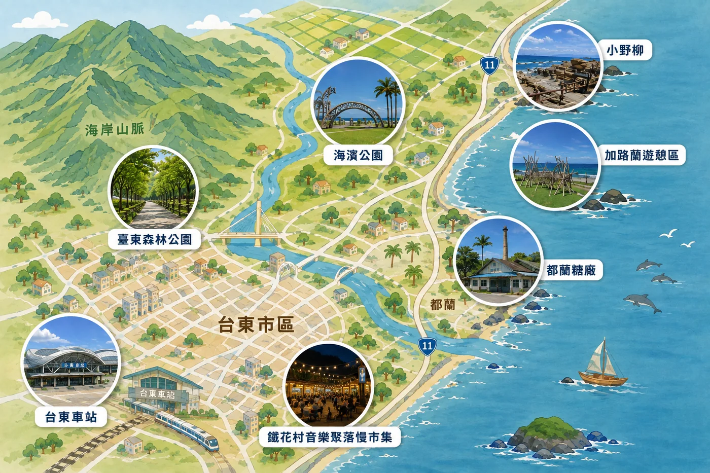 台東一日遊路線圖，標示台東車站、臺東森林公園、鐵花村、海濱公園、小野柳、加路蘭遊憩區與都蘭糖廠