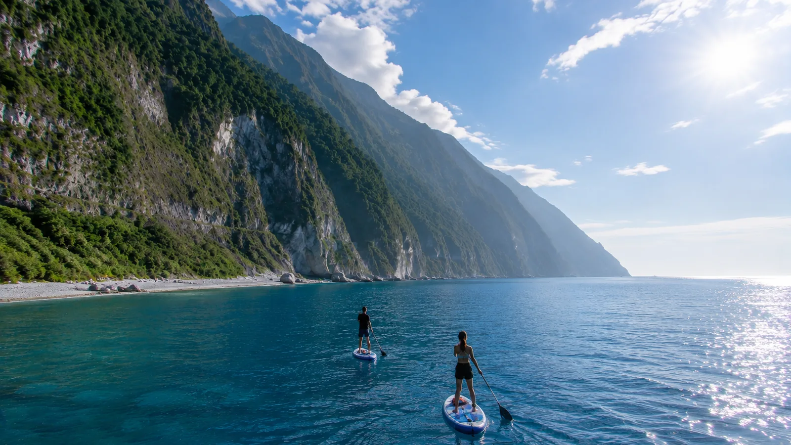 花蓮清水斷崖海域，兩人划 SUP 立槳，背景是高聳的斷崖山壁
