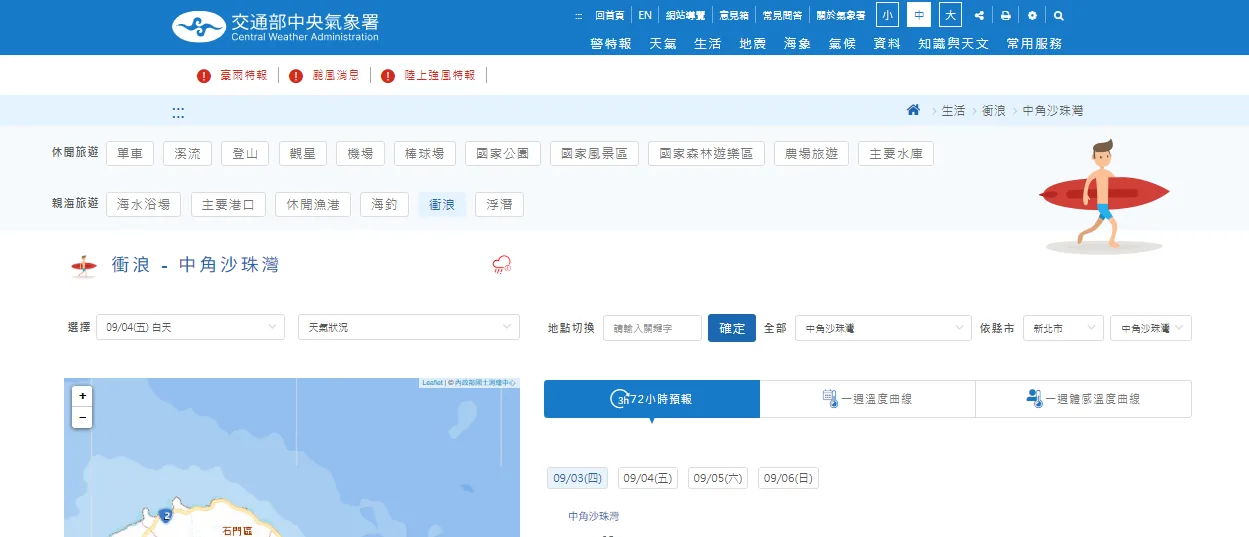 中央氣象署衝浪預報頁面截圖，新北中角沙珠灣逐三小時海象預報