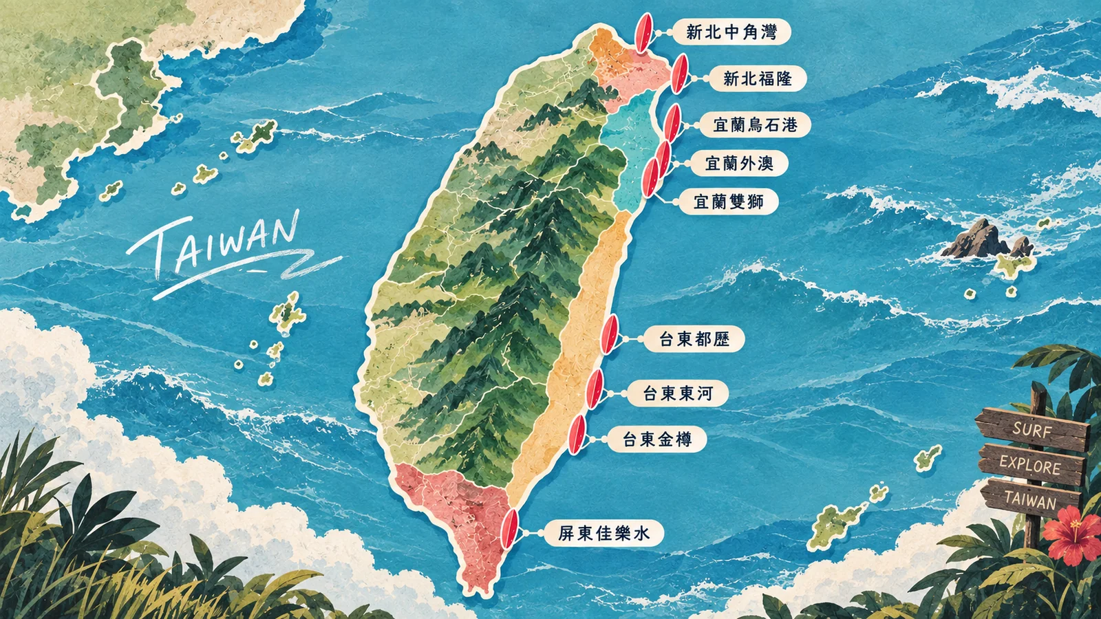 台灣衝浪景點位置圖，標出新北中角灣、新北福隆、宜蘭烏石港、宜蘭外澳、宜蘭雙獅、台東都歷、台東東河、台東金樽與屏東佳樂水九個浪點