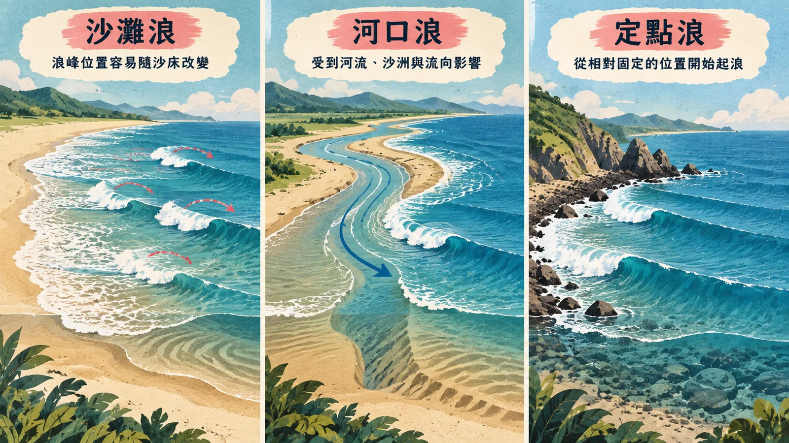 沙灘浪、河口浪與定點浪三種浪型的差異示意圖