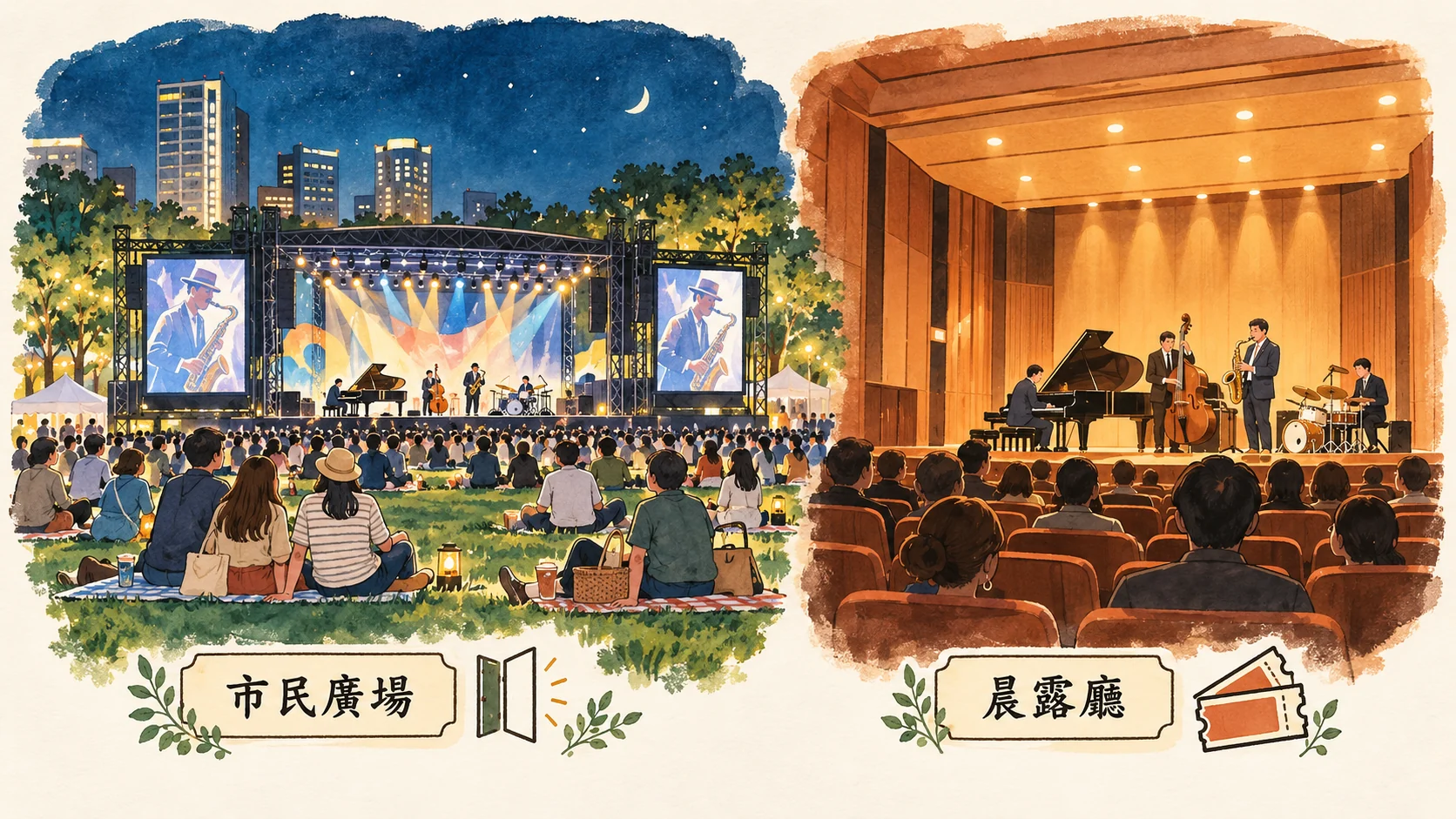 台中爵士音樂節兩個場地的插畫對照，左邊是市民廣場的戶外草地舞台，觀眾坐在野餐墊上看演出；右邊是晨露廳的室內音樂廳，台上是鋼琴三重奏與薩克斯風