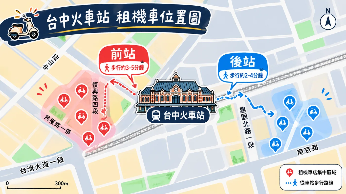 台中火車站租機車位置圖：前站復興路四段、民權路一帶步行約 3–5 分鐘，後站建國北路、南京路一帶步行約 2–4 分鐘，都是租機車店集中區
