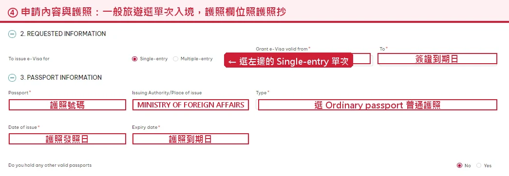 申請表簽證種類與護照資訊區塊，中文標註標出單次入境選項、護照號碼與發照機關怎麼填